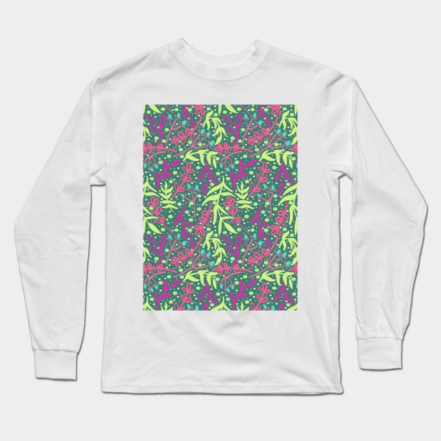 Botanicals and Dots - Hand drawn Design - Green, Pink, Teal Blue Long Sleeve T-Shirt by GenAumonier